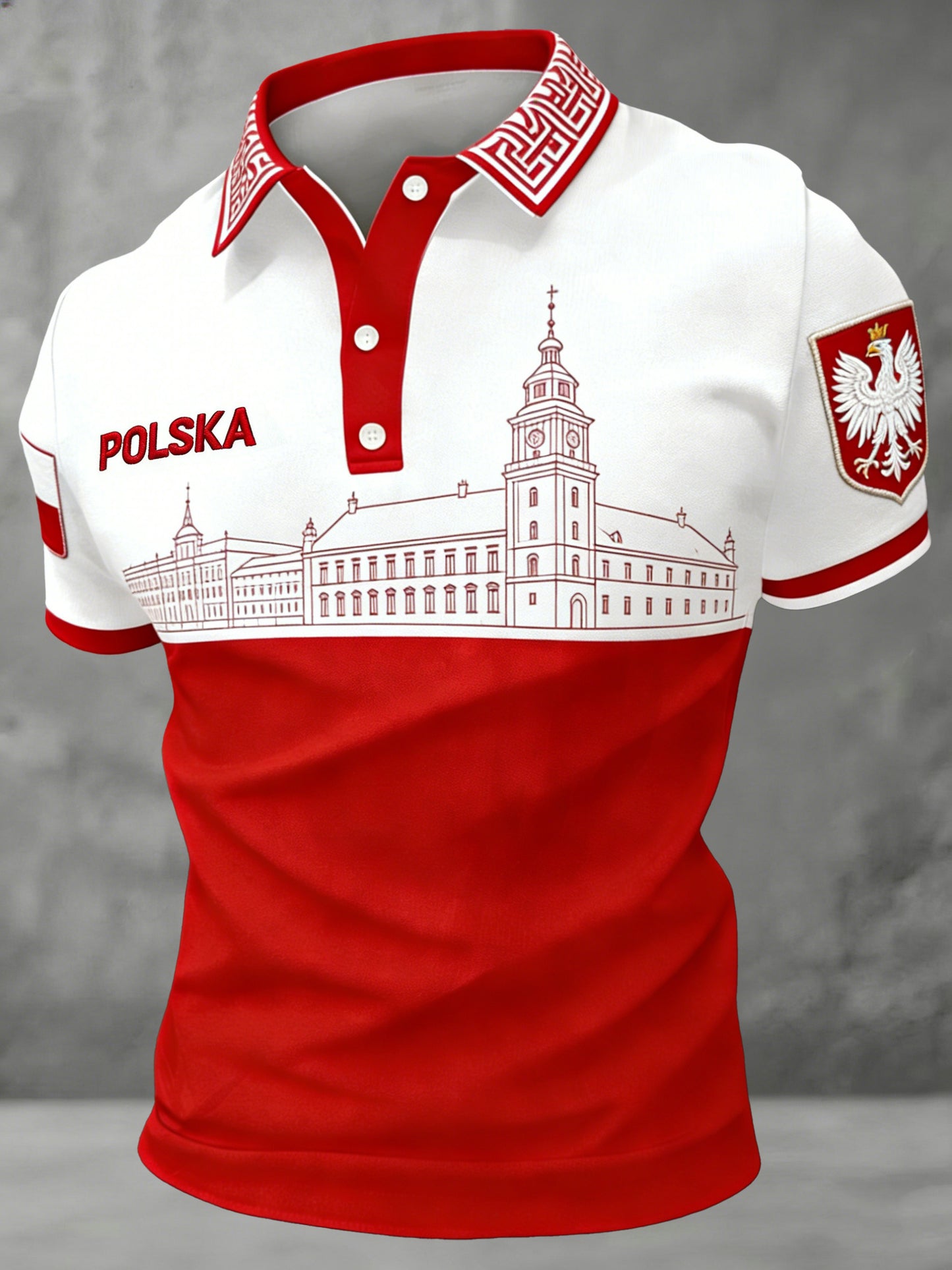 Męska koszulka polo z nadrukiem polskiej sztuki architektonicznej i schematem kolorów flagi narodowej