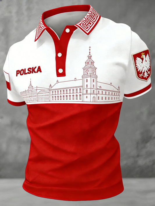 Męska koszulka polo z nadrukiem polskiej sztuki architektonicznej i schematem kolorów flagi narodowej