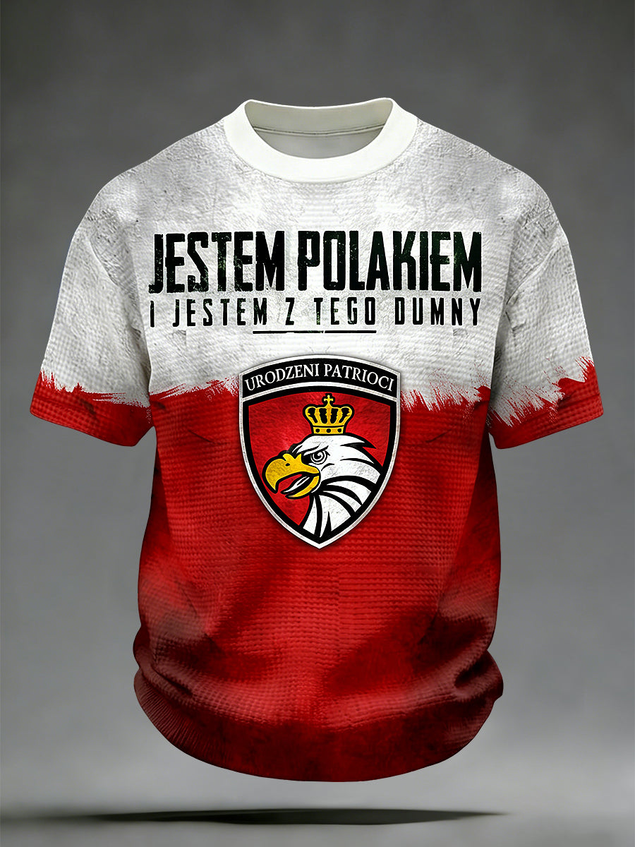 Retro polski orzeł patchworkowy codzienny t-shirt z warkoczowym plecionym wzorem