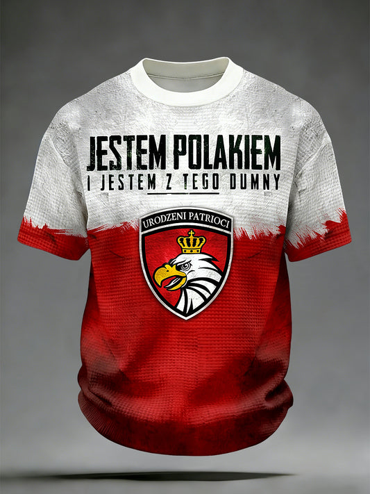 Retro polski orzeł patchworkowy codzienny t-shirt z warkoczowym plecionym wzorem