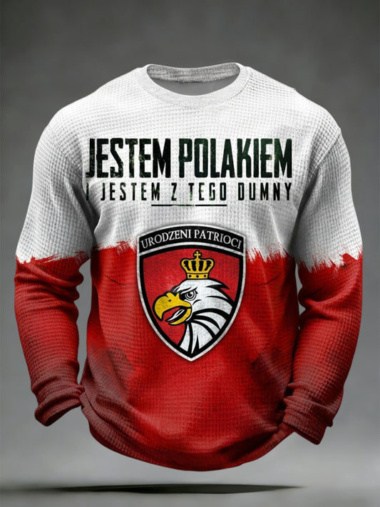 Retro polski orzeł patchworkowy codzienny t-shirt z dzianiny gofrowanej z długim rękawem