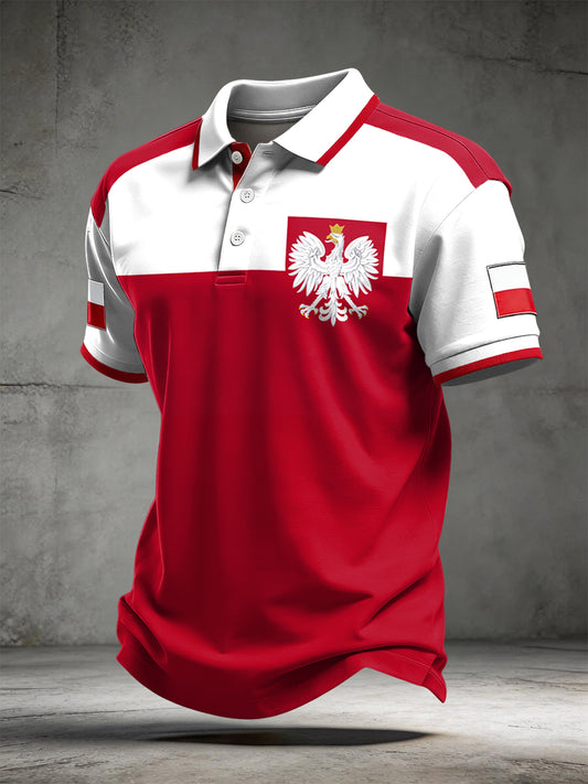 Nieformalna koszulka polo retro patchwork z polskim orłem białym