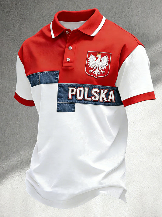 Męska koszulka polo z nadrukiem patchworkowa koszulka polo w kolorze polskiej flagi
