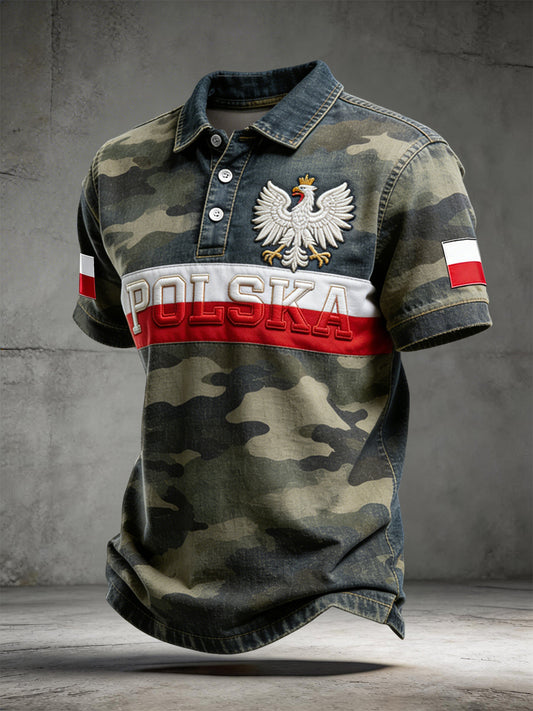 Vintage polski kamuflaż orzeł Patchwork Casual Koszulka polo