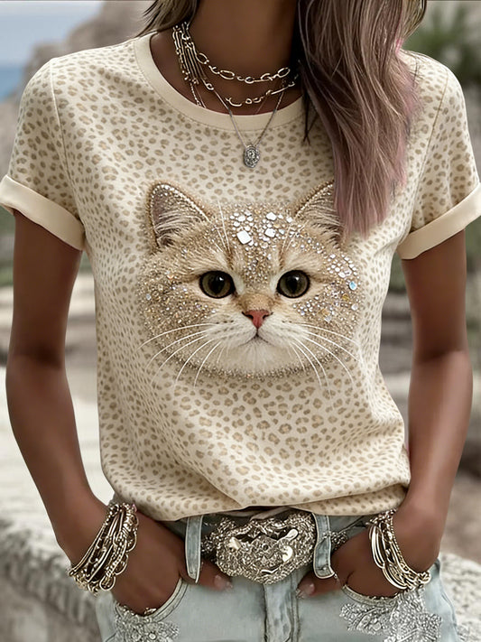 Damski Vintage Leopard Print Cat Art Casual T-Shirt