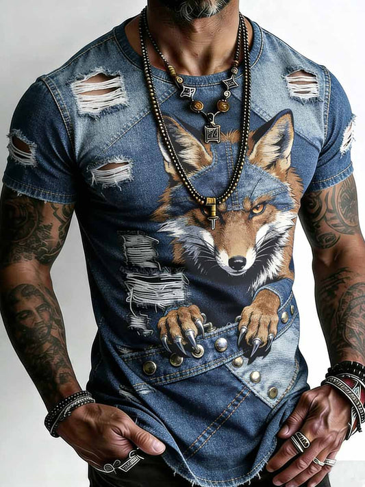 Męska koszulka z krótkim rękawem Retro Wildlife Print Casual