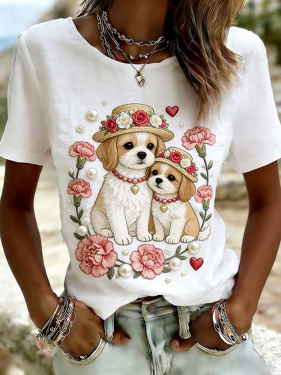 Elegancki damski pies mama miłość wzór z nadrukiem Casual T-Shirt