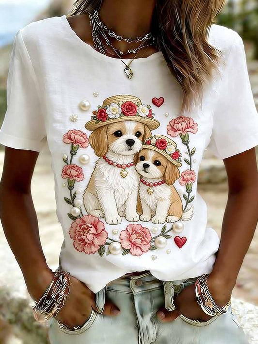 Elegancki damski pies mama miłość wzór z nadrukiem Casual T-Shirt