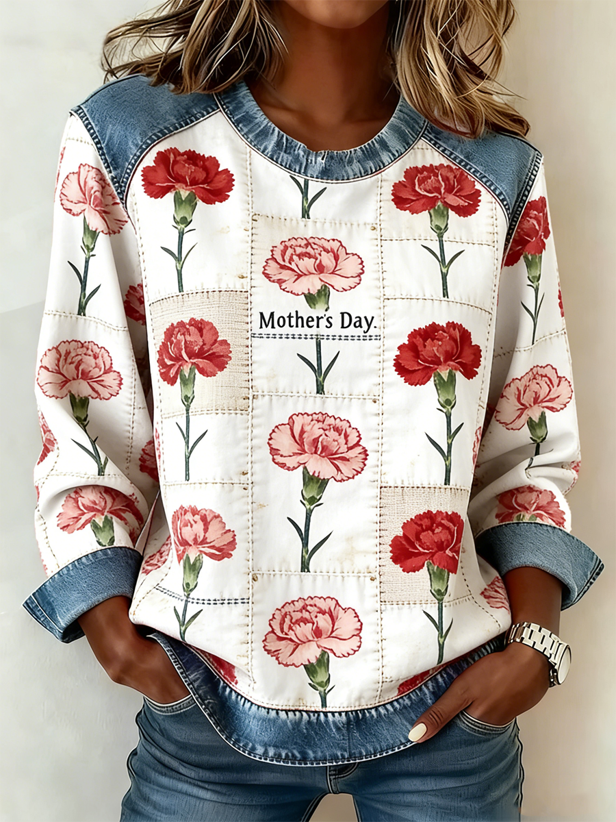 Damski denimowany patchwork z goździkiem na dzień matki