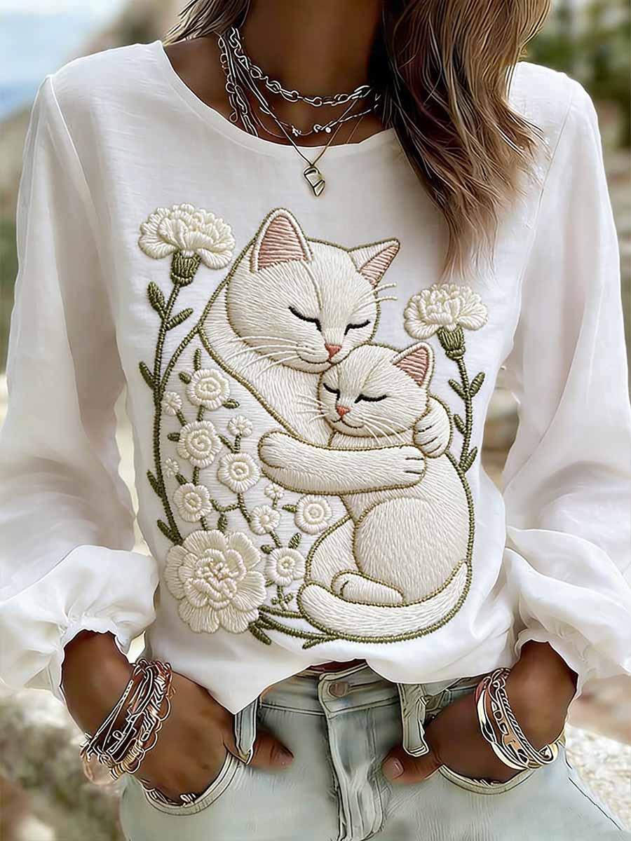 Elegancki damski kot mama miłość wzór z nadrukiem Casual Top