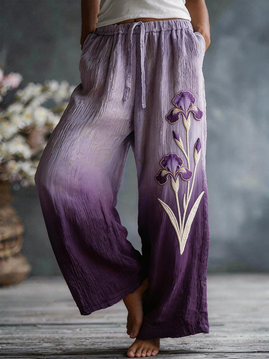 Damskie Purpurowy Wzór Iris Lniane Spodnie Mieszane