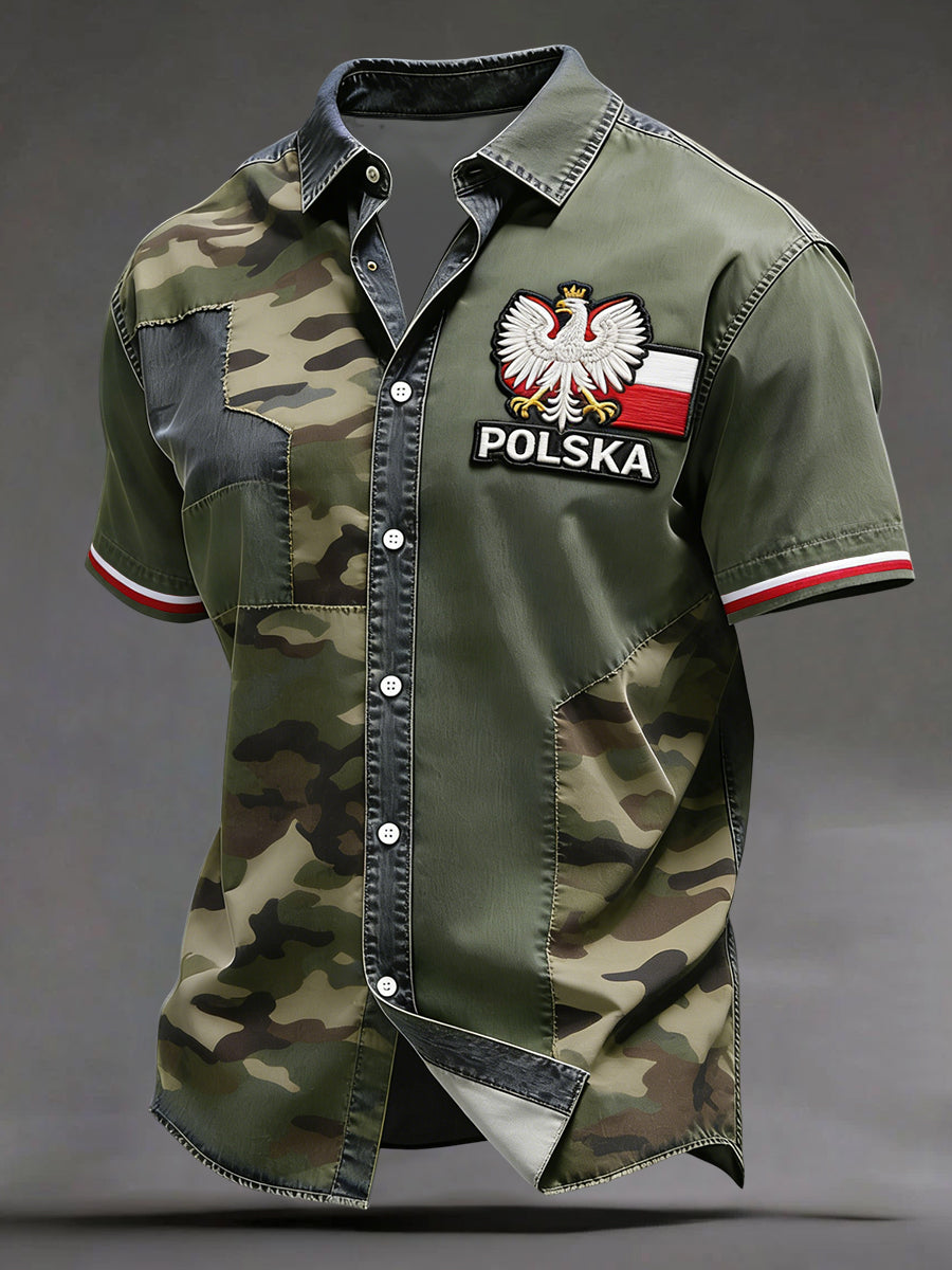 Vintage polski orzeł kamuflaż Patchwork Casual Shirt