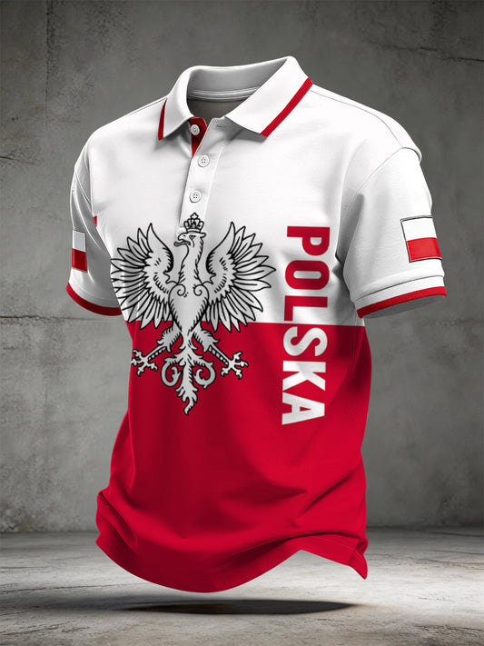 Nieformalna koszulka polo w stylu vintage z polskim orłem Patchwork