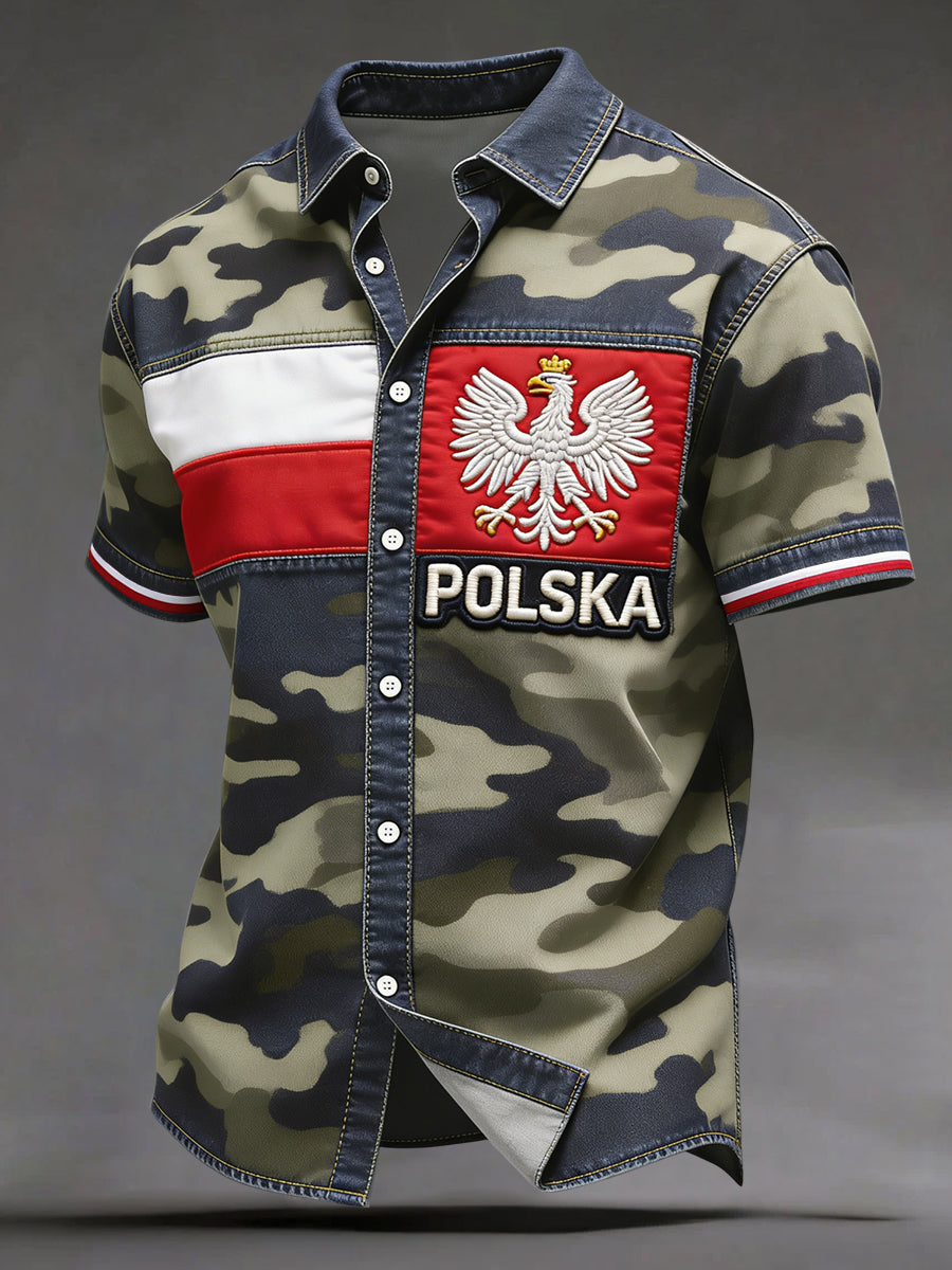 Vintage polski orzeł kamuflaż w paski Patchwork Casual Shirt