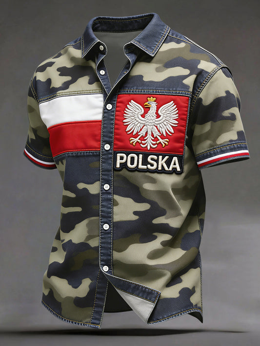 Vintage polski orzeł kamuflaż w paski Patchwork Casual Shirt