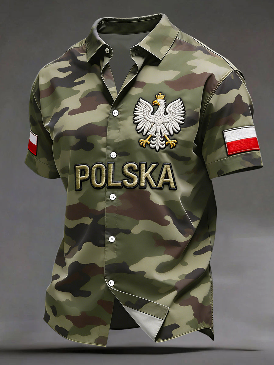Vintage Polski Orzeł Abstrakcyjny kamuflaż Koszula na co dzień