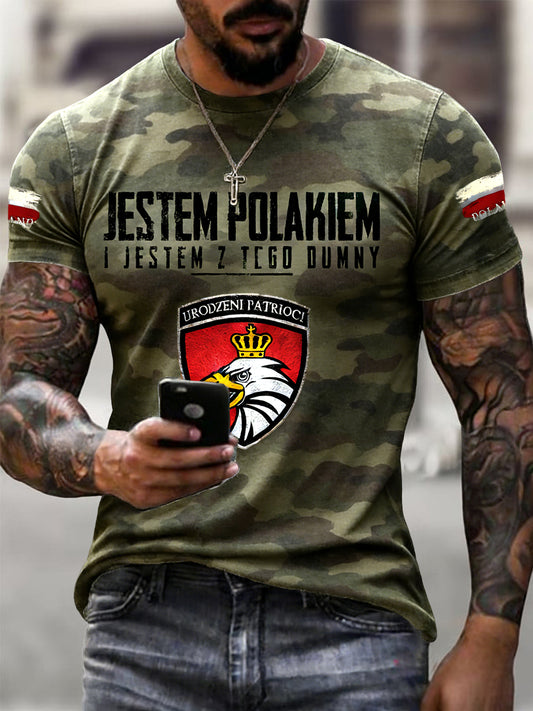 Męski Vintage Polski Orzeł Godło Kamuflaż Casual T-Shirt
