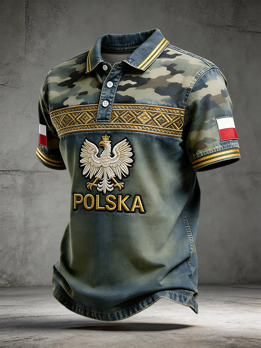 Vintage polski kamuflaż orzeł Patchwork Casual Koszulka polo