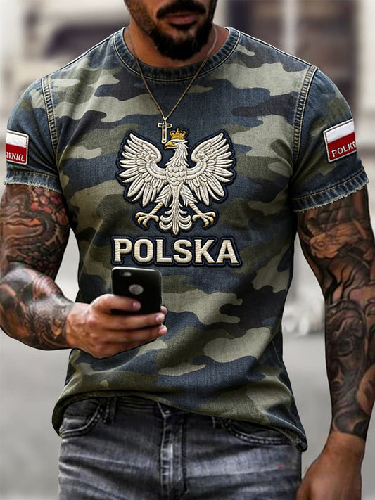 Męskie Retro Polski Orzeł Abstrakcyjny Kamuflaż Casual T-Shirt