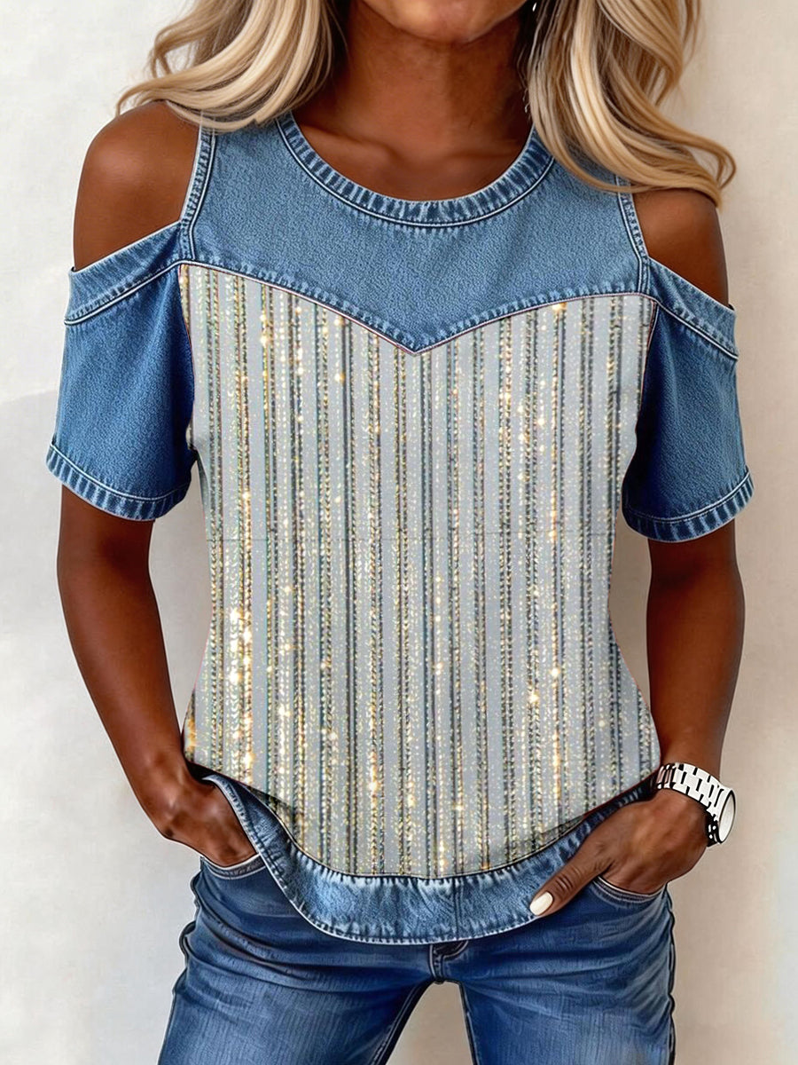 Damski błyszczący wzór w paski Denim Patchwork Top