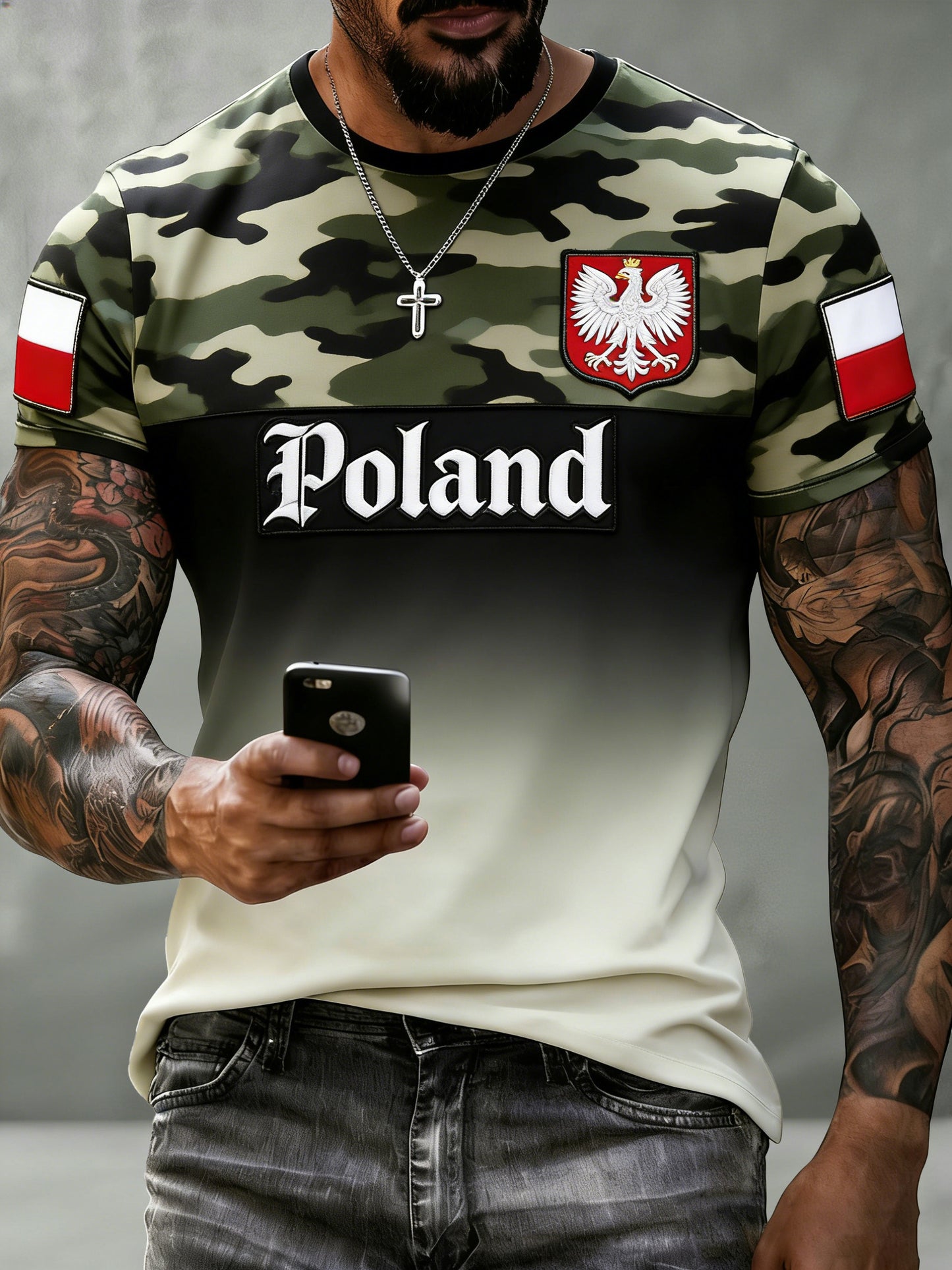 Męski koszulka w stylu kamuflażowym z polskim motywem artystycznym i patchworkiem