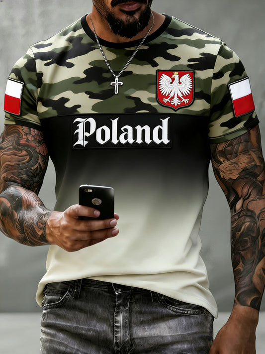 Męski koszulka w stylu kamuflażowym z polskim motywem artystycznym i patchworkiem
