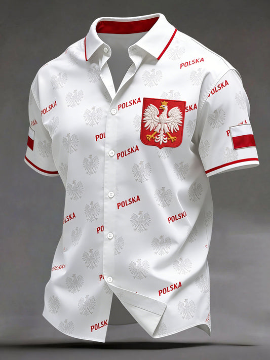 Retro Klasyczna koszula z polskim wzorem orła białego
