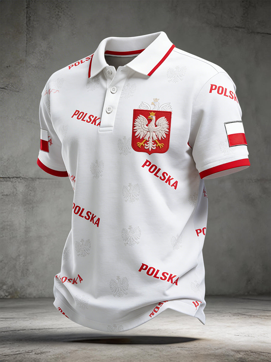 Klasyczna koszulka polo w stylu retro z nadrukiem białego orła