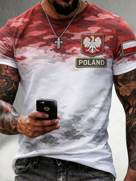 Męski koszulka w stylu kamuflażowym z polskim motywem artystycznym i patchworkiem