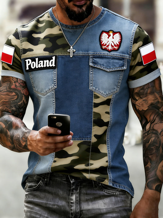 Męski koszulka w stylu kamuflażowym z polskim motywem artystycznym i patchworkiem