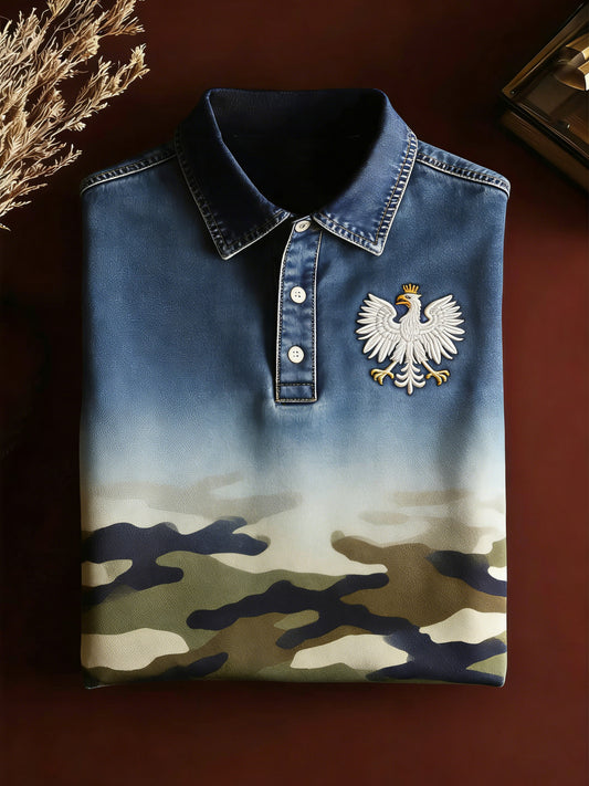 Męskie polo z polskim kamuflażem artystycznym nadruk i kontrastowe panele