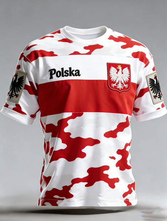 Męski koszulka z nadrukiem w stylu polskiego kamuflażu i wstawką
