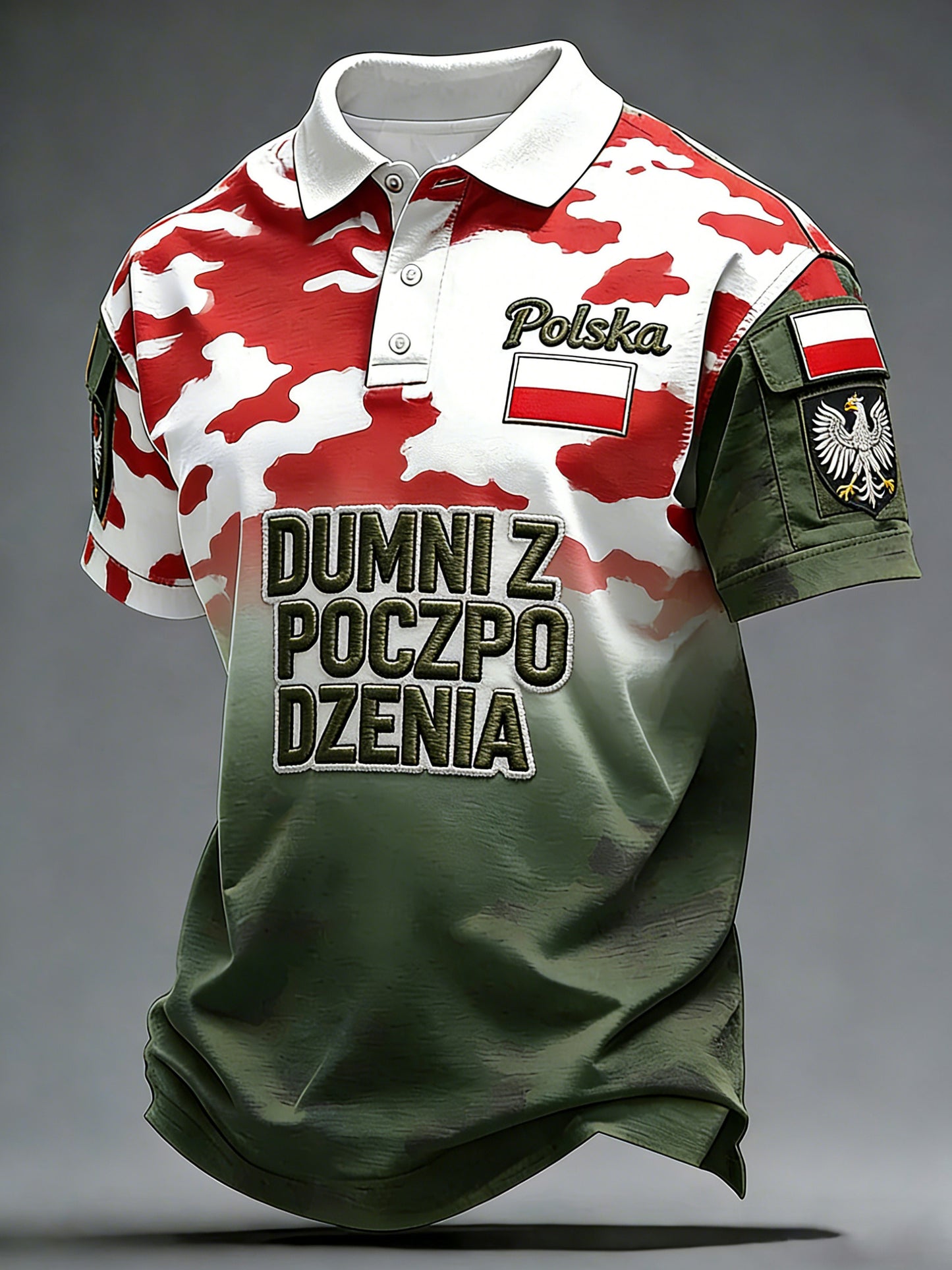 Męskie polo z polskim wzorem kamuflażowym i kontrastowymi wstawkami