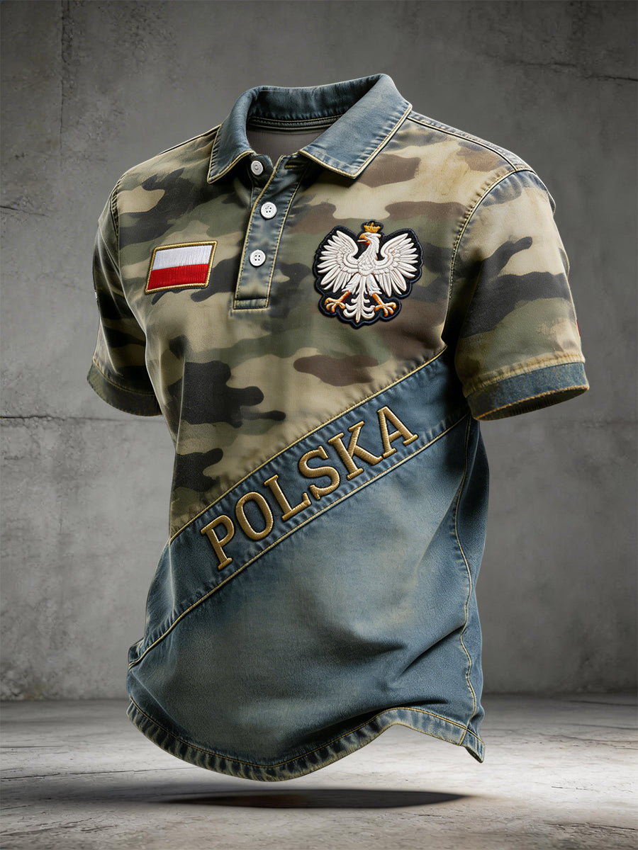 Retro polski kamuflaż Patchwork Casual Koszulka polo