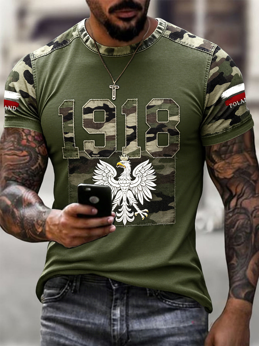 Męskie Retro Polski 1981 Kamuflaż Patchwork Casual T-Shirt