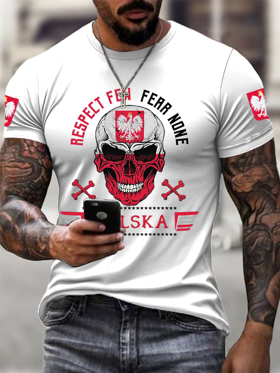 Męskie Retro Polski Patriot Czaszka Casual T-Shirt