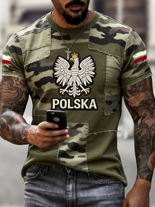 Męski retro polski kamuflaż Patchwork Casual T-Shirt