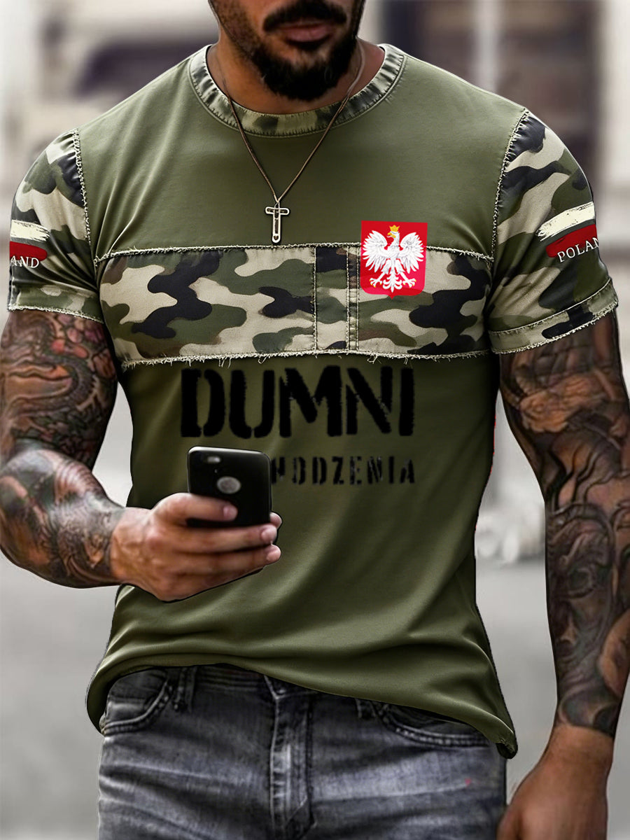Męska koszulka w stylu retro duma polski kamuflaż Patchwork Casual