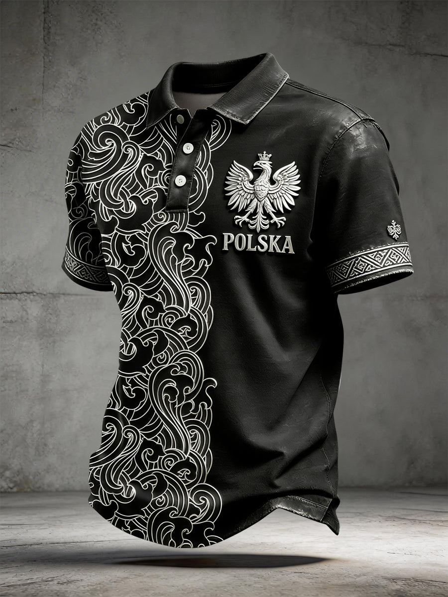 Męska koszulka polo polo w stylu retro w stylu słowiańskim z patchworkiem