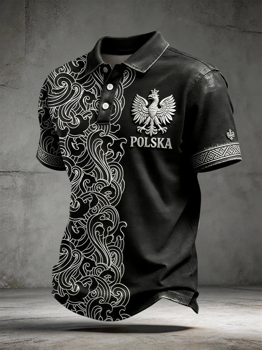 Męska koszulka polo polo w stylu retro w stylu słowiańskim z patchworkiem