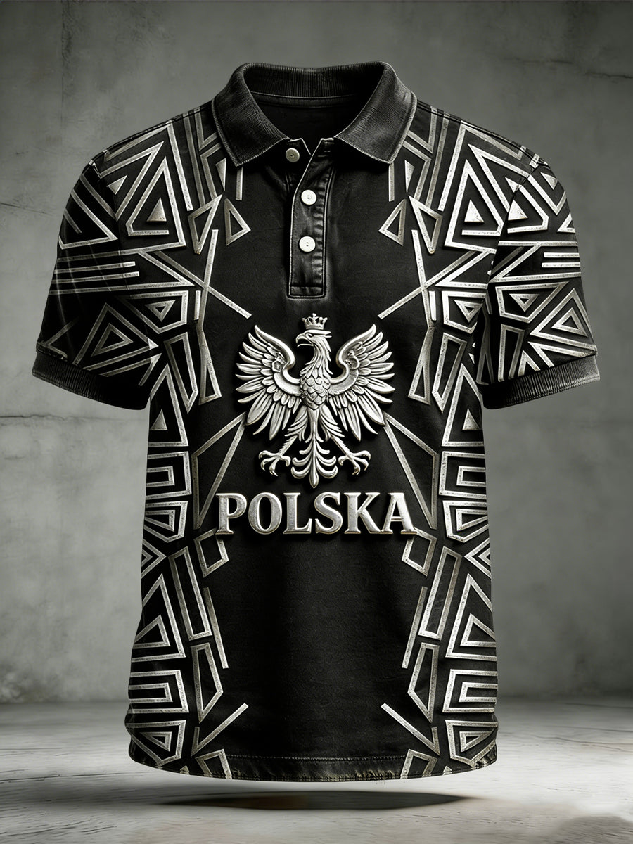 Męska koszulka polo z symetrycznym słowiańskim wzorem retro