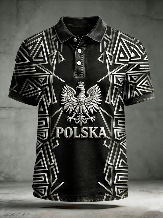 Męska koszulka polo z symetrycznym słowiańskim wzorem retro