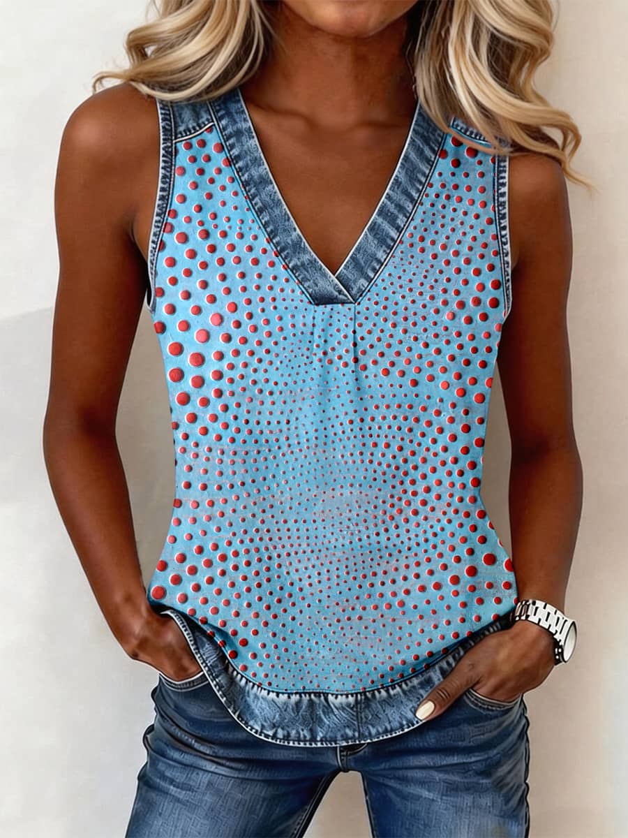 Damska sztuka abstrakcyjna w stylu polka dot nadruk jeansowy patchwork top