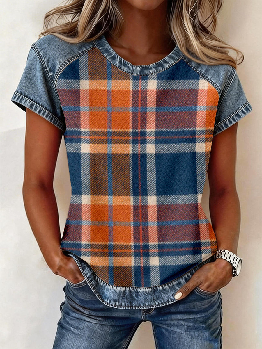 Damski w stylu vintage top dżinsowy w kratę z patchworkiem