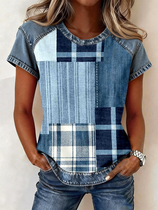 Damski bluzka z niebieskim wzorem w plaid