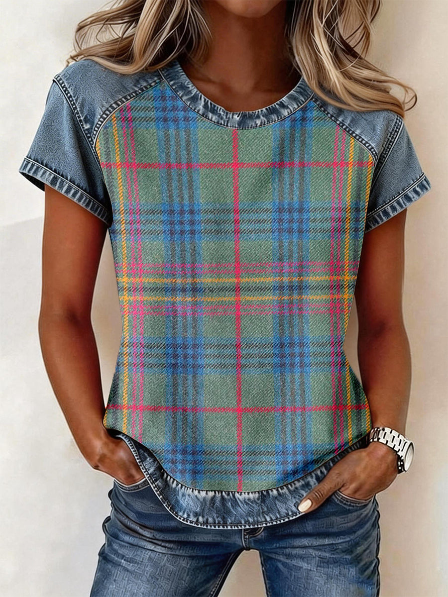 Damski jeansowy patchworowy top w stylu vintage