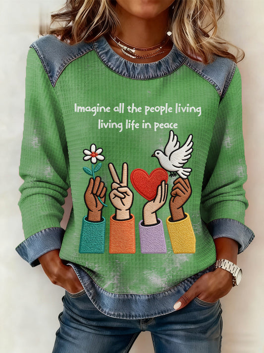 Damski top dzianinowy w patchworkowym wzorze z nadrukiem „Imagine All The People Living Life In Peace”