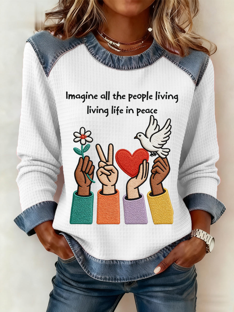 Damski top dzianinowy w patchworkowym wzorze z nadrukiem „Imagine All The People Living Life In Peace”