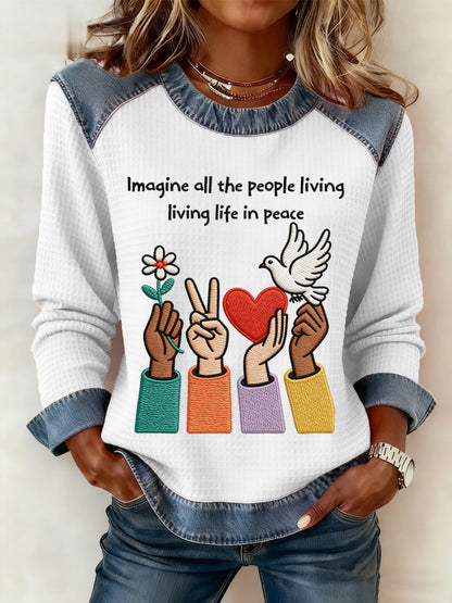 Damski top dzianinowy w patchworkowym wzorze z nadrukiem „Imagine All The People Living Life In Peace”