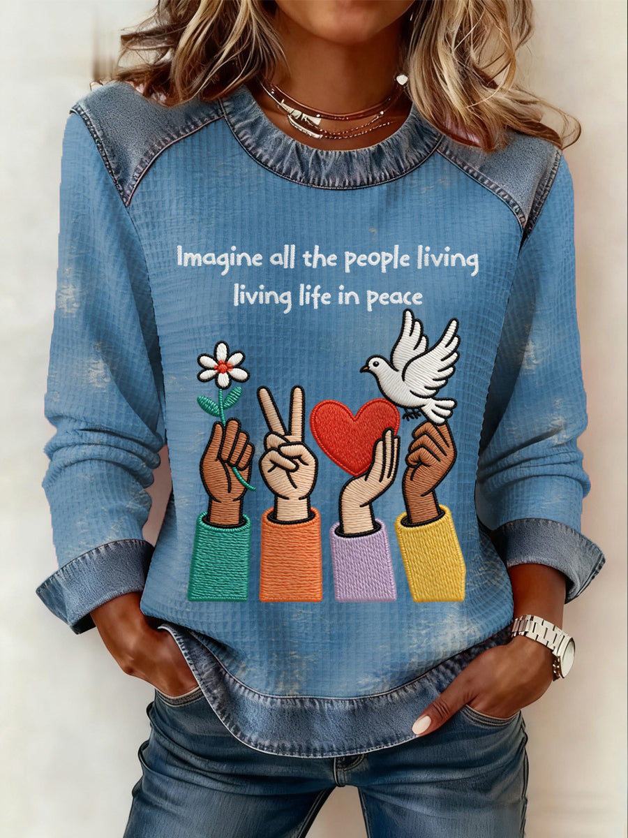 Damski top dzianinowy w patchworkowym wzorze z nadrukiem „Imagine All The People Living Life In Peace”